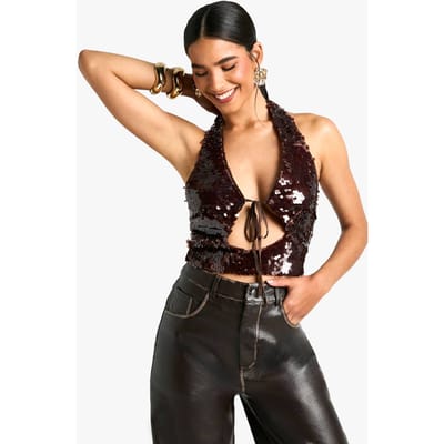 boohoo Dames Sequin Halterneck Tie Front Crop Top | Chocoladebruin | Maat: 38