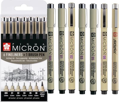 SnelShoppen - Set van 6 Watervaste Fineliner Pennen + Brush Pen | Permanente Zwarte Inkt voor Tekenen, Schrijven & Bullet Journal | Perfect voor Creat