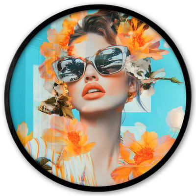 Poster in lijst Rond - Fotolijst 40x40 cm - Posters - Bloemen - Vrouw - Zonnebril - Blauw - Ronde posterlijst zwart - Decoratie - Wanddecoratie woonkamer - Muurdecoratie slaapkamer