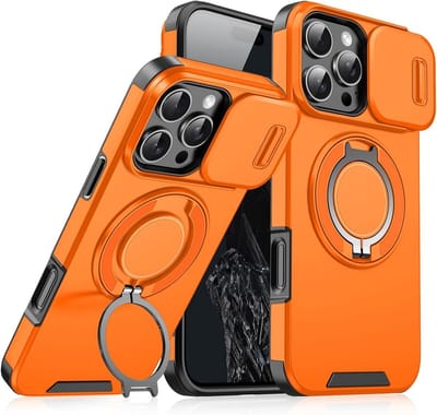 Armor Tough [360° draaibare ringstandaard] [compatibel met Magsafe] Hoesje Geschikt voor: iPhone 14 - Ingebouwde dia camera cover - Hybrid - Oranje