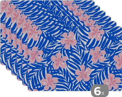 Placemat - Placemats kunststof - Hawaii - Bloesem - Tropisch - Patronen - 45x30 cm - 6 stuks - Hittebestendig - Anti-Slip - Onderlegger - Afneembaar