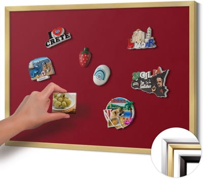 Wallfluent - Bordeauxrood Magnetisch Bord in Verschillende Kleuren - 70 cm x 50 cm - Magneetbord met Gouden Frame - Bourgondische kleur - Magneetbord voor Reissouvenirs - Design Magneetbord met Frame - Magnetisch Bord Foto Bevestiging