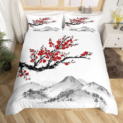 Japanse Dekbedovertrek Set, Tak van een Bloeiende Sakura Boom Bloem Kersenbloesems Lente Thema Kunst Japan Beddengoed Set Volledige Maat EU SK(260x220cm)