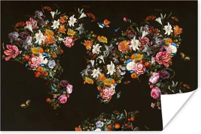 Wanddecoratie - Wereldkaart - Bloemen - Vlinder - Zwart - 90x60 cm - Poster