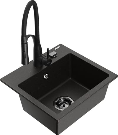 Mexen Milo granieten spoelbak 1-komerig met keukenkraan Aster, zwart/gouden metallic - 6505-75-73450-70-B