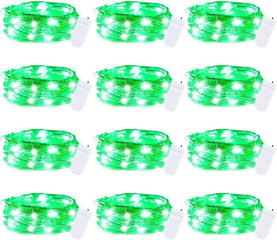 12 stuks LED-lampjes op batterijen, waterdicht, zilverdraad, 2,1 m, 20 LED-lampjes met vuurvliegjes, sterrenhemel en maan voor doe-het-zelf, bruiloft, feest, slaapkamer, patio - groen