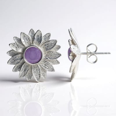 Cavill - Zilveren Oorbellen 925 Sterling Zilver - Lavendel Jade 0 811 ct Ronde Cabochon - Bloemvorm Oorstekers Elegant 20 mm