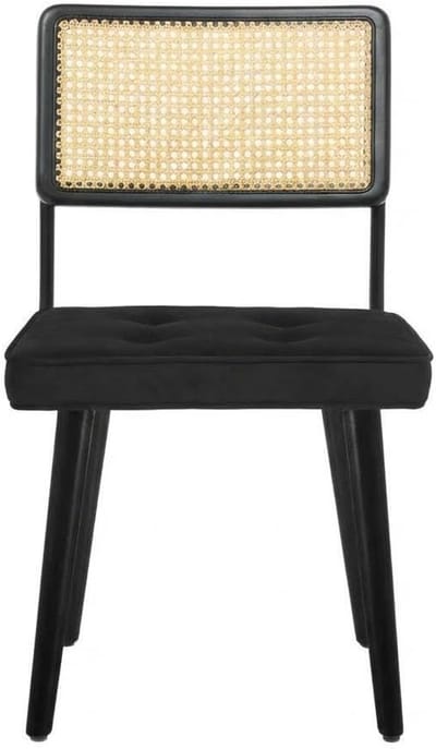 Luxe Eetkamerstoel - Natuurlijk Rotan & Massief Hout - Velvet Zitting (Zwart) - Modern Boho Design