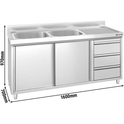 GGM Gastro Spülschrank PREMIUM - 1600x700mm - mit 3 Schubladen & 2 Becken links