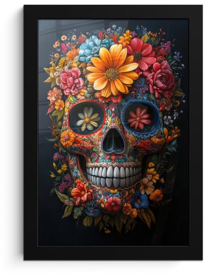 Poster in lijst - Fotolijst 20x30 cm - Posters - Bloemen - Kleurrijk - Schedel - Posterlijst zwart - Decoratie - Wanddecoratie woonkamer - Muurdecoratie slaapkamer