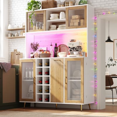 DESMIU Buffetkast - Met LED Verlichting En Stopcontact - 5 Deuren, Lade En Wijnrek Voor Keuken En Woonkamer - MDF - 120x40x170 Cm - Wit Houtlook