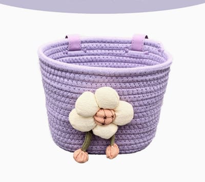 Hrippy Gevlochten fietsmand van katoenen touw, opbergmand voor stuur, leuke accessoires voor fiets, scooter, kinderfiets, loopfiets，paars