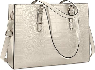 Famanu - Laptoptassen voor vrouwen, boodschappentas, 15.6 inch synthetisch materiaal grote dameshandtas, werktas, designer zaken-, schouder-, winkel- of kantoortas, beige