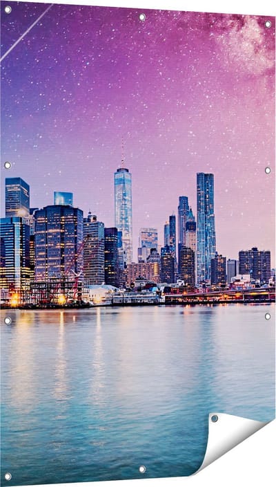Gards Tuinposter New York Skyline met een Kleurrijke Hemel - 80x120 cm - Tuindoek - Tuindecoratie - Wanddecoratie buiten - Tuinschilderij