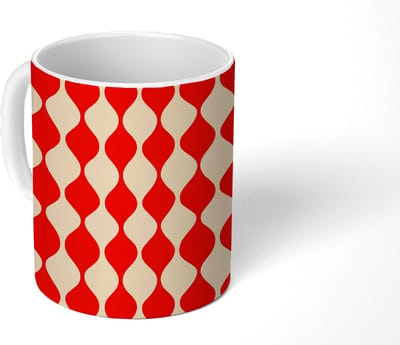 Mok - Koffiemok - Golvend patroon - Retro - Rood - Beige - Mokken - 350 ML - Beker - Koffiemokken - Theemok