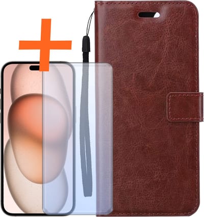 Hoes - Met Screenprotector - Geschikt voor Apple iPhone 15 - Luxe Pasjeshouder - Bookcase Portemonee - Flip Case - Kunstleer Book Case - Flipcase - Book Cover - Walletcase - PortemonneeHoes - Bruin