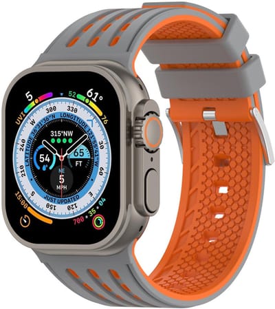 Siliconen bandje - geschikt voor Apple Watch series 1/2/3/4/5/6/7/8/9/10/11/ SE (1,2,3) / Ultra (1,2,3) met maat 44 mm / 45 mm / 46 mm / 49 mm - rvs gespsluiting - grijs oranje