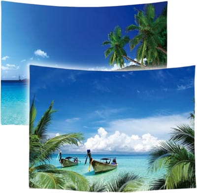 Ulticool – Wandkleed - Strand Zee Palmboom Zomer - Set van 2 designs  –  73 cm x 95 cm – Schilderij Wandtapijt Stof – Poster Art – Blauw