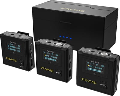 7RYMS iRay DW30 Draadloze microfoon-set met On-Board recording - Met 3.000 mAh oplaadbox - Microfoon met 2 zenders - On-Board recording - Geschikt voor o.a. smartphone / tablet / camera / PC - Dasspeld microfoon - Plug&Play - Zwart