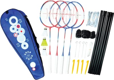 4-speler Badminton Racket Set - 4 volwassen rackets - 3 shuttles - draagbaar net - rood-blauw-wit - eenheidsmaat badminton net