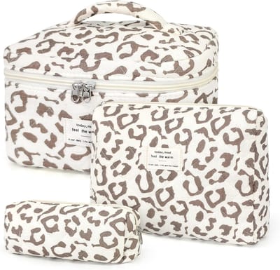 SnelShoppen - 3-delige Set Make-up Tassen voor Vrouwen, Cosmetica Organizer in Beige Luipaard en Bloemenpatroon, Reisaccessoires, Kleine en Grote Mate
