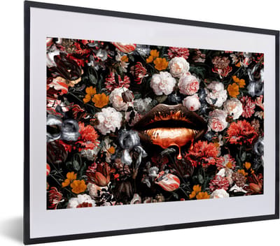 Fotolijst incl. Poster - Lippen - Bloemen - Verf - Oranje - Kunst - Abstract - Oude meesters - 60x40 cm - Posterlijst