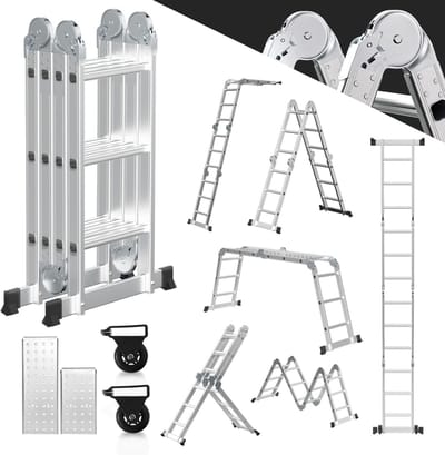6-in-1 aluminium multifunctionele ladder 4 x 3 treden, aluminium ladder met 2 steigerplaten, vouwladder 16 treden, trapladder tot 150 kg