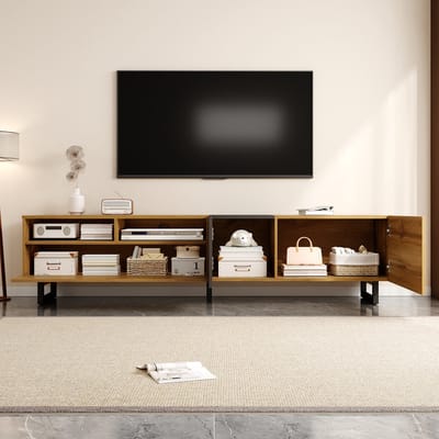 TV-meubel 170x36,5x42 cm - contrastkleurontwerp - drie deuren en twee vakken - U-vormige metalen poten - vintage houtnerf