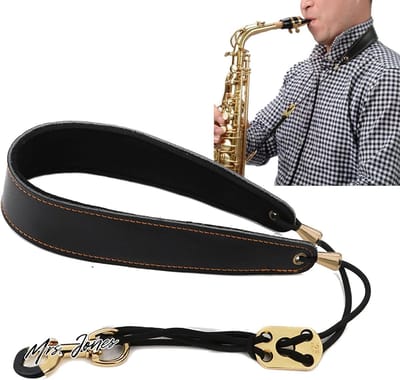 Mrs. Jones Zwart Basgitaarbanden Premium Saxofoon Strap Lederen Sax Nekband Comfortabele Halsriem Lederen Saxofoon Riem Verstelbare Gesp Voor Elke Saxofonist - Halsriem Saxofoon - Premium Kwaliteit .