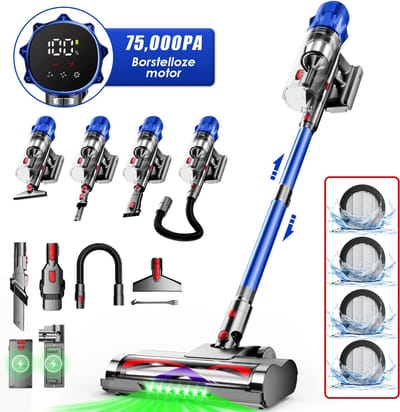 Hiaonyx steelstofzuiger - 9-in-1 steelstofzuiger draadloos - 75000pa - Met dierenborstel - LED Groene Stofdetectielamp - Geschikt voor Tapijten - Harde Vloeren en Dierenharen - 2-liter stofopvangbox - Rood