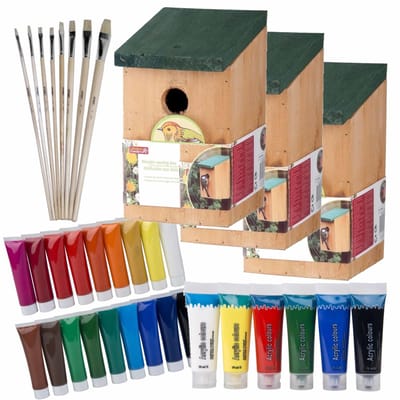 6x stuks vogelhuisjes/nestkastjes 22 cm - Zelf schilderen pakket - verf/kwasten - Kinder feestje/verjaardag activiteiten