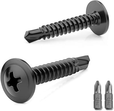 100 stuks zelftappende schroeven, zwart, 4,8 x 16 mm, plaatschroeven, zelftappend, 410 roestvrij staal, boorschroeven, metaal, kruiskop, zelfborende verzonken kop voor staal hout met 2 stuks