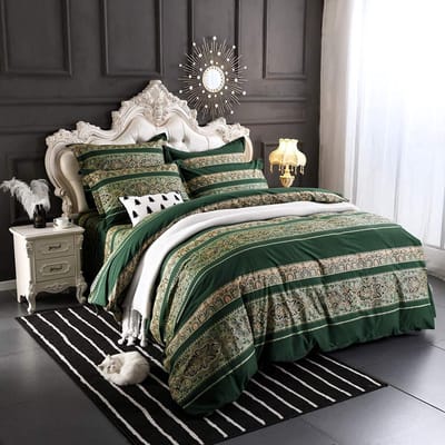 Bohemian beddengoed, 155 x 220 cm, donkergroen, Indiaas vintage, omkeerbaar beddengoed, renforcé, dekbedovertrek met ritssluiting en kussensloop 80 x 80 cm
