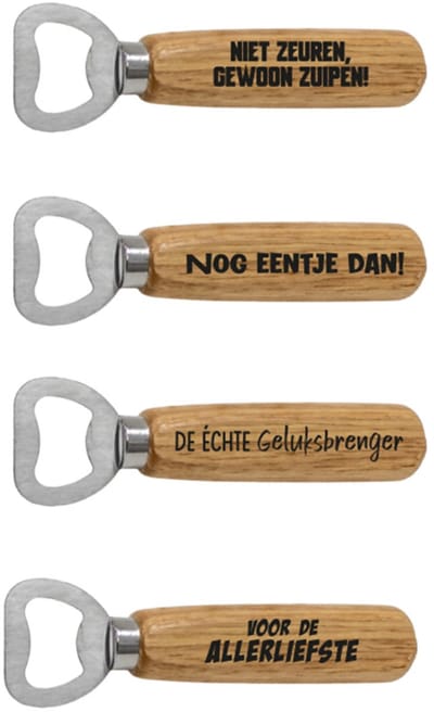 Bieropener Set van 4 – Houten Flesopeners met Grappige Teksten – Cadeau voor Vader, Vriend of Bierliefhebber