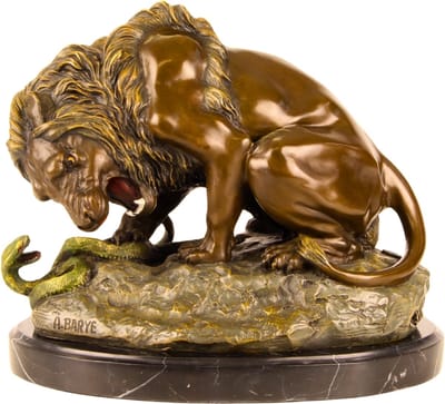 Leeuw met Slang - Bronzen Beeld - Brons Sculptuur - Woondecoratie - Kunst Beeldhouwwerk - Decoratie Kunstwerk - 29x19x24