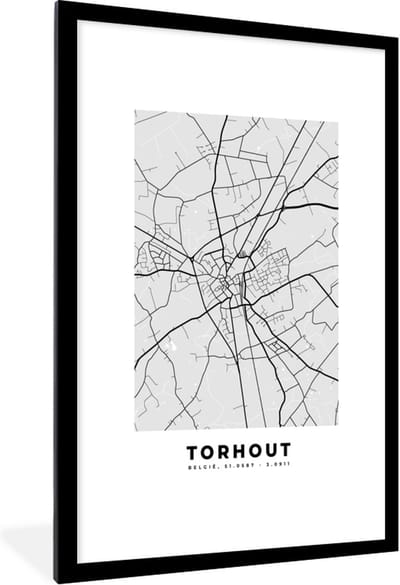 Fotolijst incl. Poster Zwart Wit- Zwart Wit – België – Plattegrond – Stadskaart – Kaart – Torhout - 80x120 cm - Posterlijst