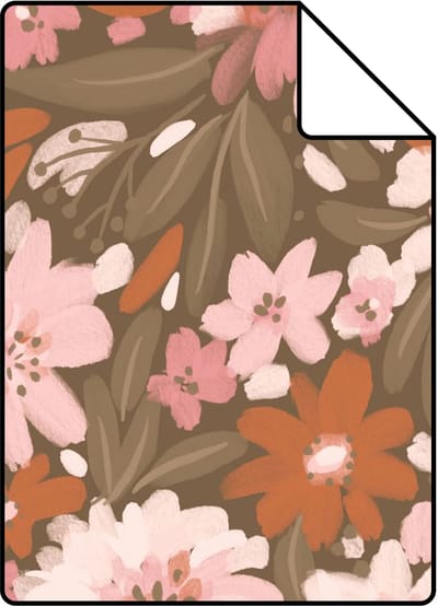 Proefstaal ESTAhome behang bloemen licht roze, terracotta en vergrijsd groen - 26.5 x 21 cm - 130926-S