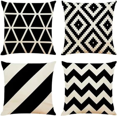 Famanu - Set van 4 decoratieve kussenhoezen zwart 50 x 50 cm geometrische kussenhoes vierkante kussensloop voor buitenterras tuinbank woonkamer bankdecoratie