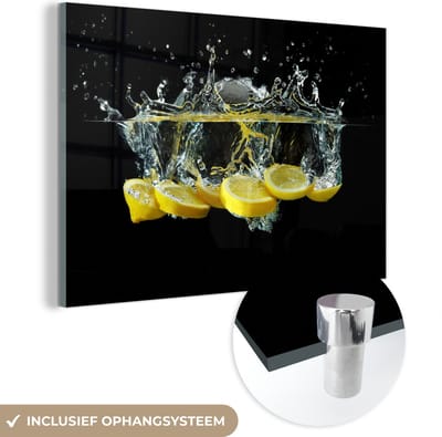 MuchoWow® Glasschilderij 150x100 cm - Schilderij acrylglas - Citroen - Fruit - Geel - Stilleven - Water - Foto op glas - Schilderijen