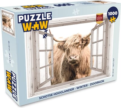Puzzel Schotse hooglander - Winter - Doorkijk - Legpuzzel - Puzzel 1000 stukjes volwassenen