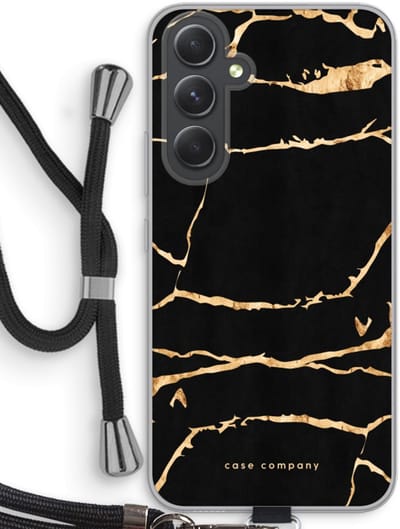 Case Company® - Hoesje met koord geschikt voor Samsung Galaxy A54 hoesje met Koord - Gouden marmer - Telefoonhoesje met Zwart Koord - Bescherming aan alle Kanten en Over de Schermrand