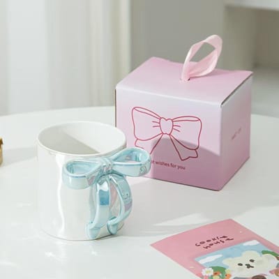 Mug Céramique Premium avec Nœud Créatif Tasse à Eau Nouveau Style Tasse à Petit Déjeuner Tasse à Café Cadeau d'Anniversaire pour Femme 350m'l