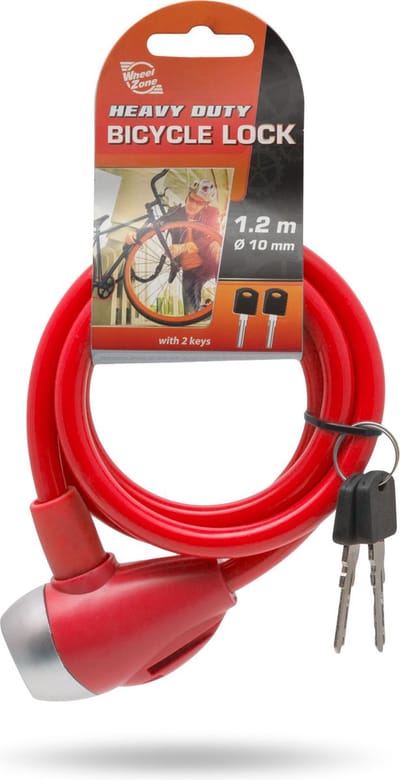 WheelZone Heavy Duty - Fietsslot - 120cm - Kettingslot - Hangslot met 2 sleutel - kabelslot - sloten - Waterbestendig - Rood - 57077RD - Ideaal voor Kinderfiets