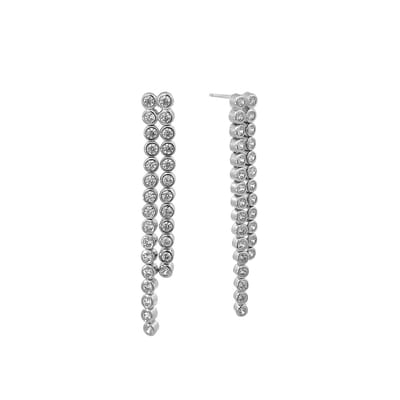 New Bling 9NB-1284 Zilveren Oorbellen met Zirkonia Steentjes - 50x3mm - Oorhangers - 2 Rijen - Zirkonia - Rhodium - Zilver