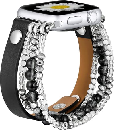 Stravo Boho Stijl Kralen Armbandje Geschikt voor Apple Watch 42mm (Series 11/10), 41mm (Series 9/8/7), 40mm (Series 6/5/4/SE 1/2/3), 38mm (Series 3/2/1) - Zwart - Handgemaakt Elastisch Dames Horlogebandje - Elegante Kralen Bandje