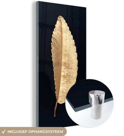 MuchoWow® Glasschilderij 60x120 cm - Schilderij acrylglas - Bladeren - Black and gold - Luxe - Chic - Natuur - Foto op glas - Schilderijen