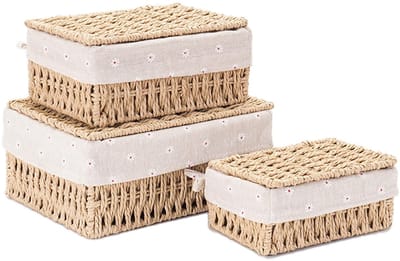 Dailygoods- Opbergdoos met deksel - 3 stuks - Opbergmand van papiertouw - Gevlochten - Badkamerorganizer - Boho-decoratie