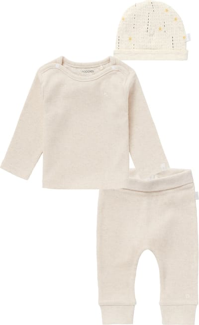 Noppies - Kledingset - Unisex - 3delig - Broek Naura Oatmeal - Shirt Natal Oatmeal - Muts Havana 2 kanten draagbaar- Maat 68