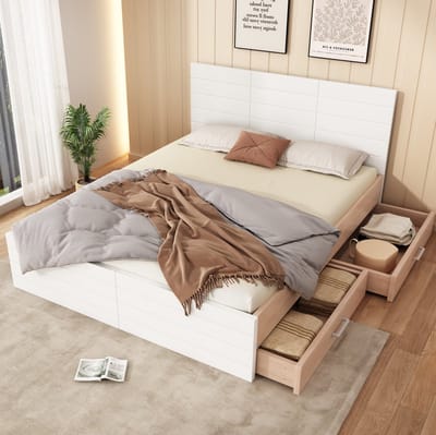 MEUNIQ tweepersoons bed 180x200 cm met lattenbodem en 2 opberglades, bedframe met opbergruimte onder het bed voor slaapkamer, wit en eiken