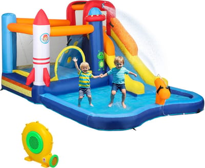 TEKROA® Springkussens - 5-in-1 - waterspringkasteel voor kinderen - met 550W blower - met glijbaan - spetterbad en waterkanon - pomp en draagtas
